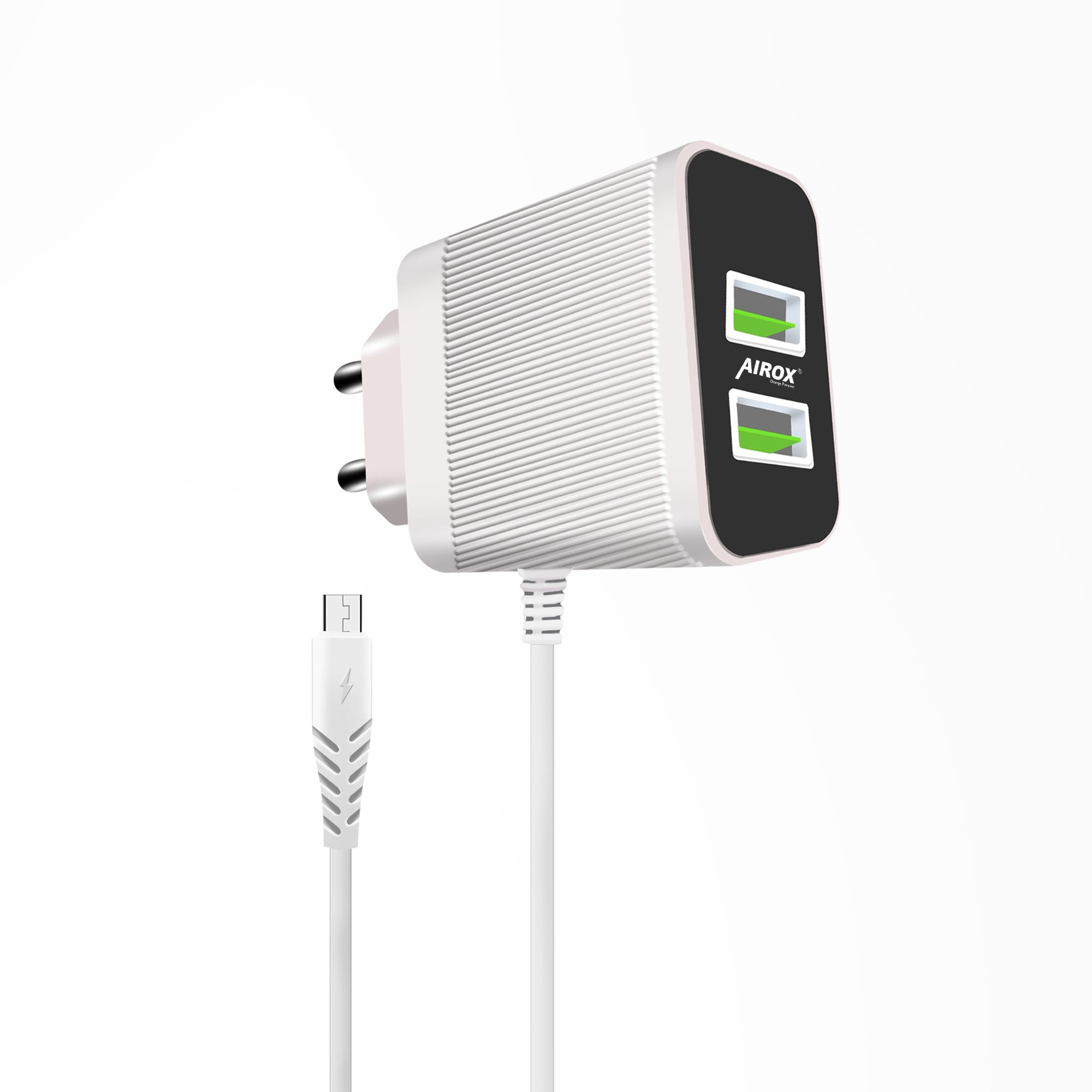 Airox CH43 Fast Charger - 2 USB Ports + 1 V8 Cable | Smart Output for Versatile Charging Airox.pk